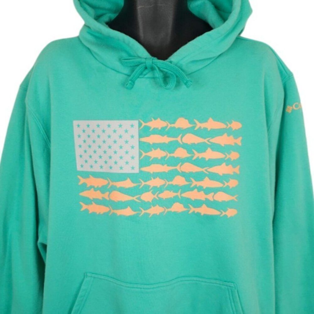 Columbia Sweatshirt Hoodie Mens Size 2XL Teal Fishing American Flag Fish